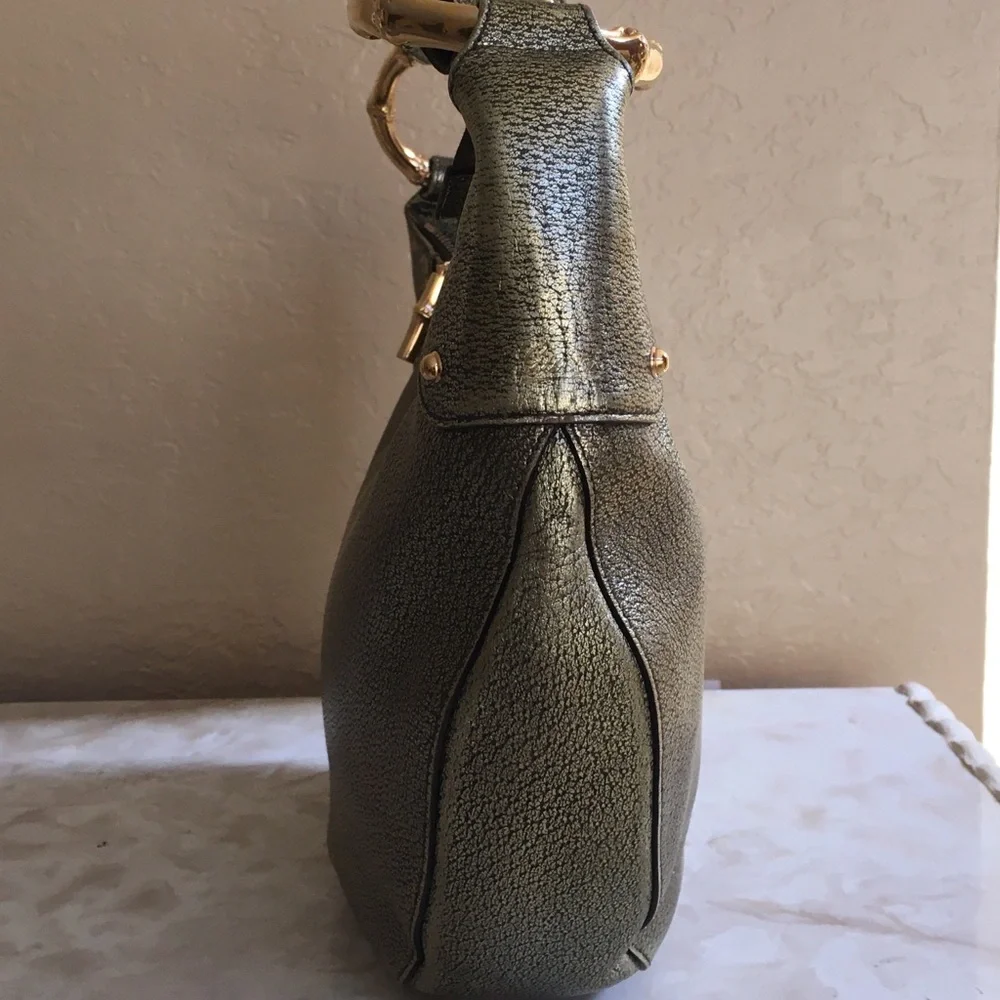 Metallic Olive Green Hobo Bag with Bamboo-Style Accents